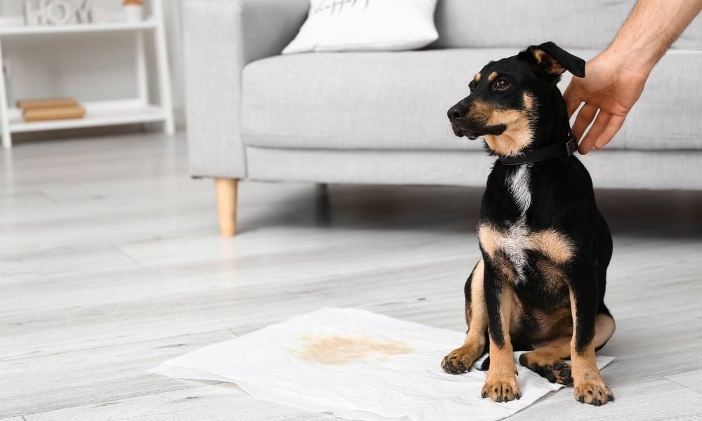 Un chien fait pipi sur son tapis de propreté