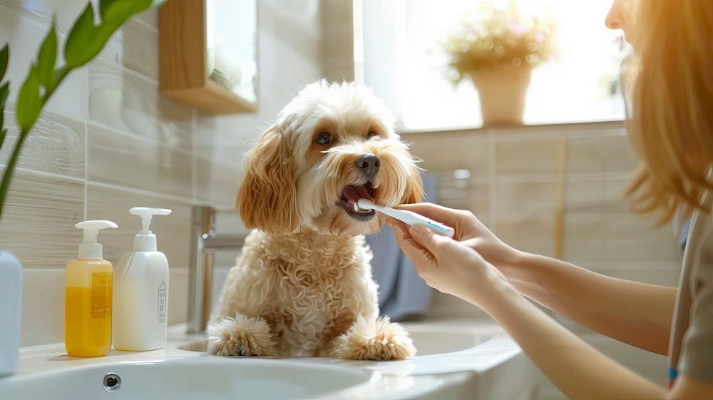 Quelqu'un prenant soin des dents de son chien