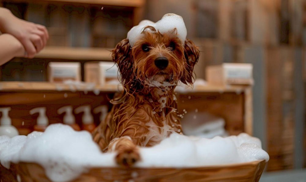 Un chien prenant un bain