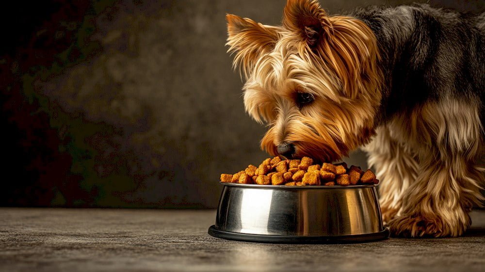 Un chien mangeant de croquettes Belcando